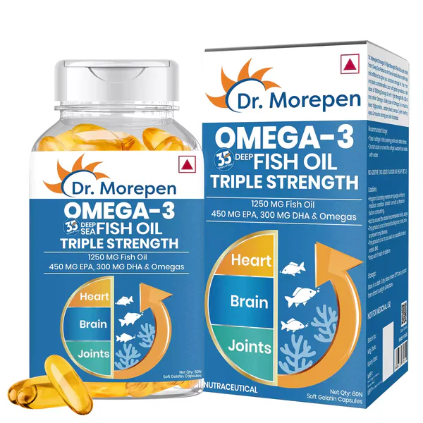 Dr. Morepen Triple Strength Omega 3 Fish Oil 1250mg Softgel with Vitamin E | For Heart & Brain Function | Bone, Joint & Muscle Care