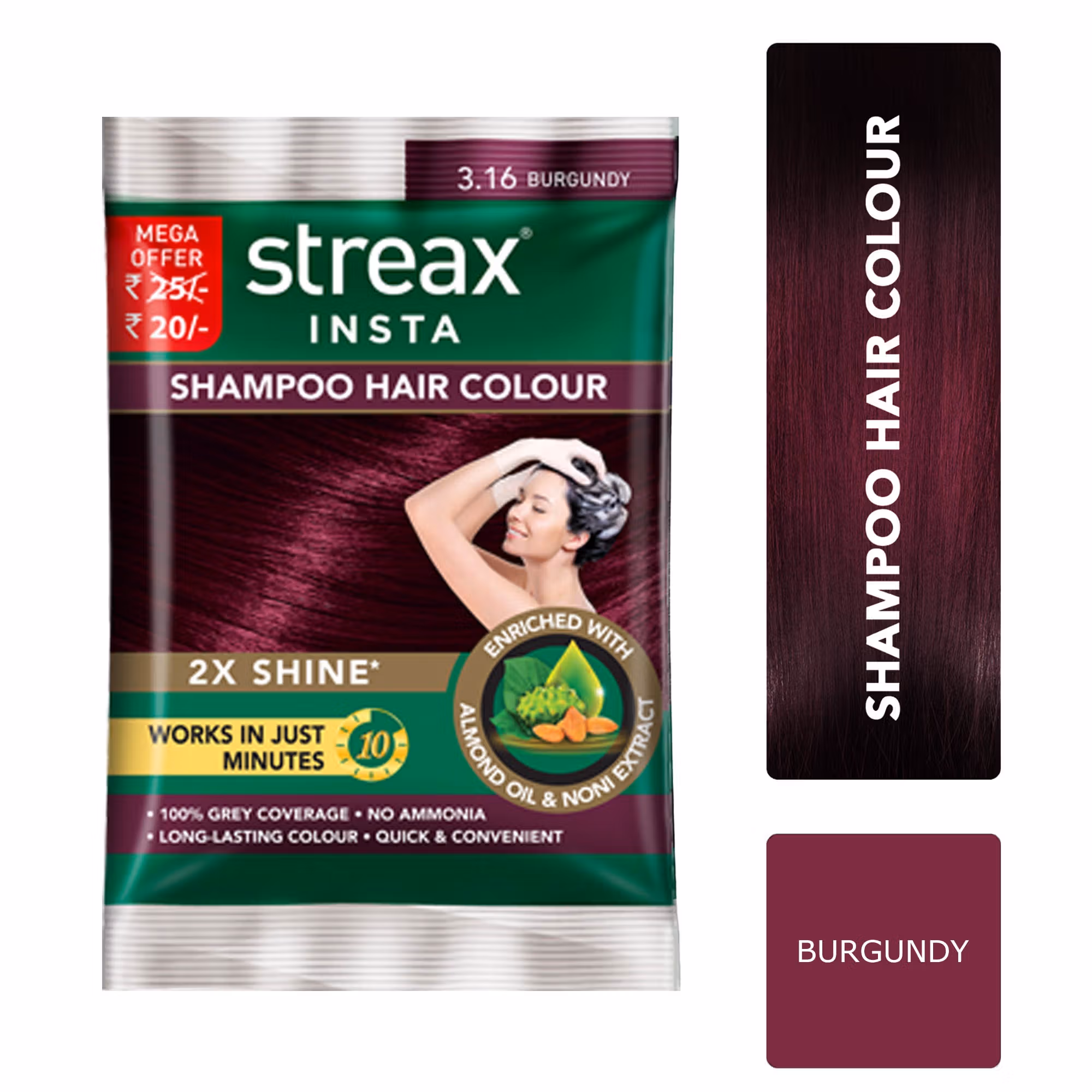 Streax Insta Shampoo Hair colour for 100% Grey Coverage, Burgundy
