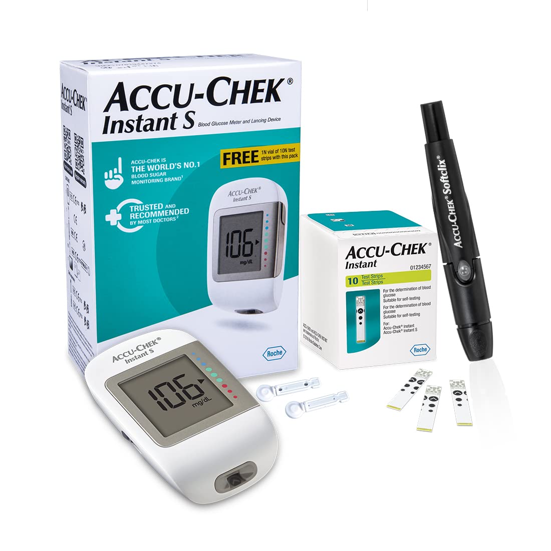 Accu-Chek Instant S Blood Glucometer with 10 Test Strips Free