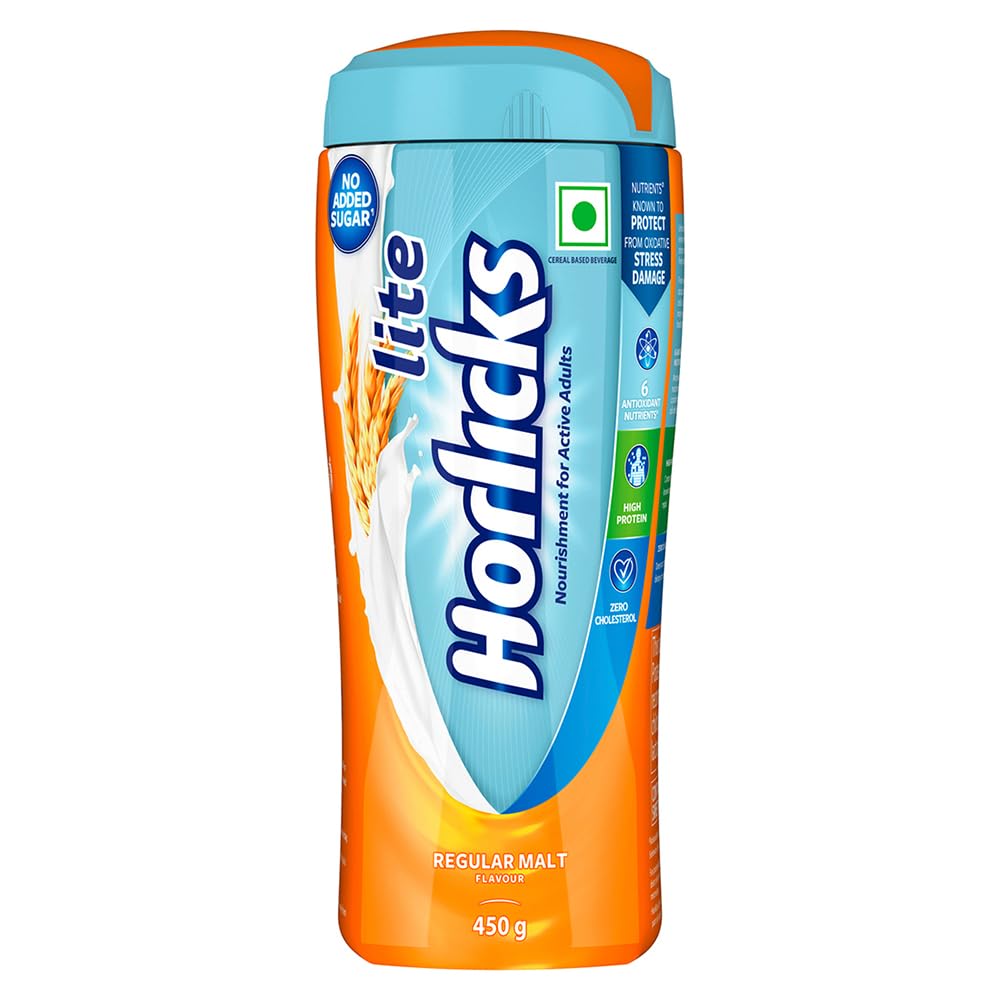 Horlicks Lite with Antioxidant Nutrients, Protein & No Added Sugar for Energy, Stamina, Bones, Immunity & Growth Powder Regular Malt