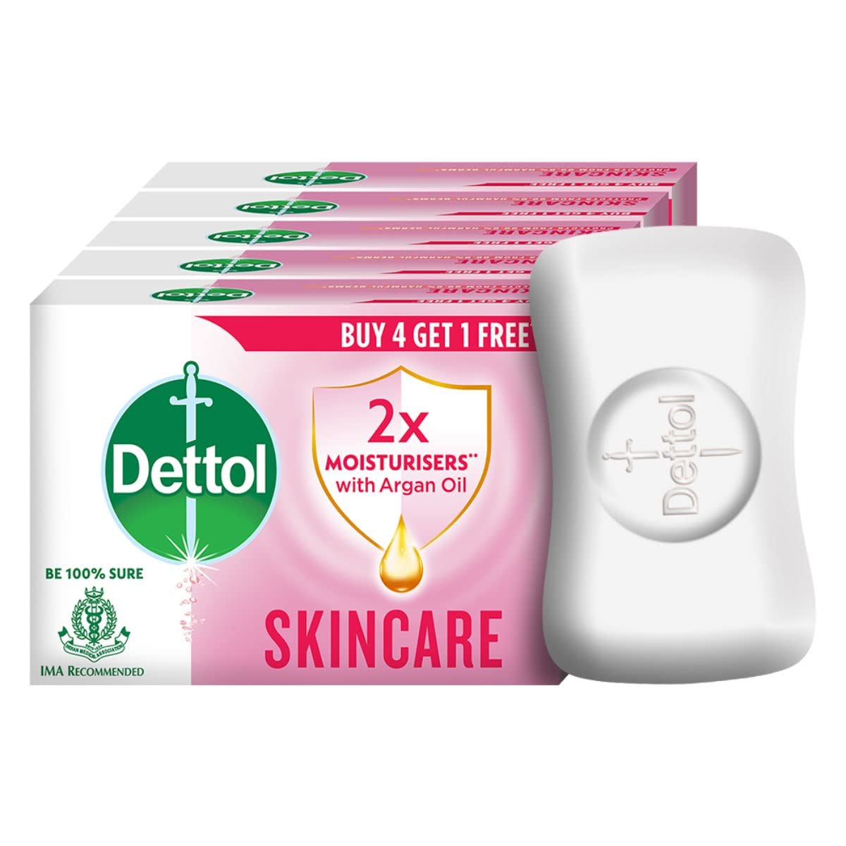 Dettol Skincare Soap | 2X Moisturiser with Argan Oil (125gm Each) Buy 3 Get 1 Free