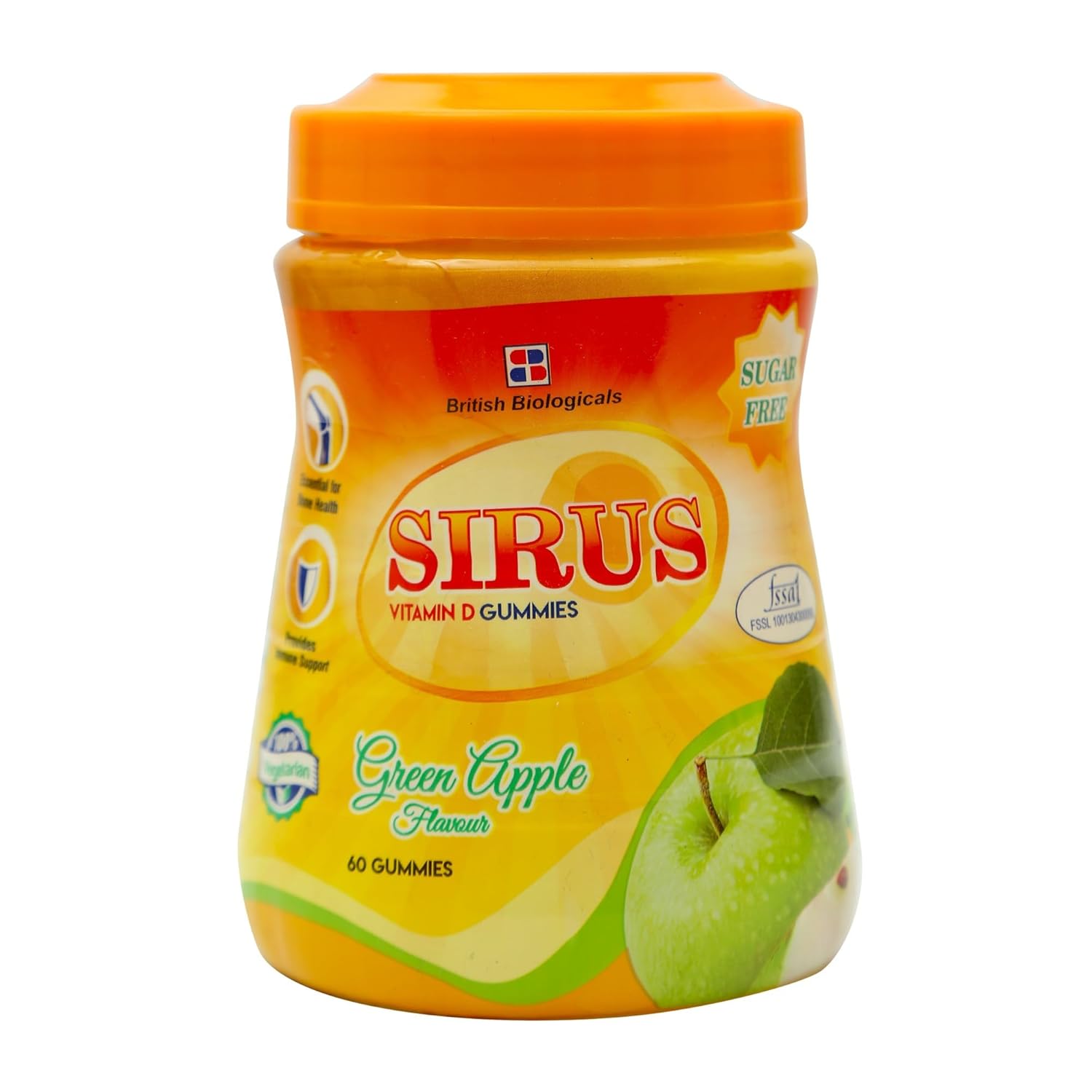 Sirus Vitamin D3 Gummies | Supports Immune System, Bones, Teeth, Brain and Nervous System | Sugar Free | Green Apple Flavor | 60 Gummies | Gluten Free | 300 g