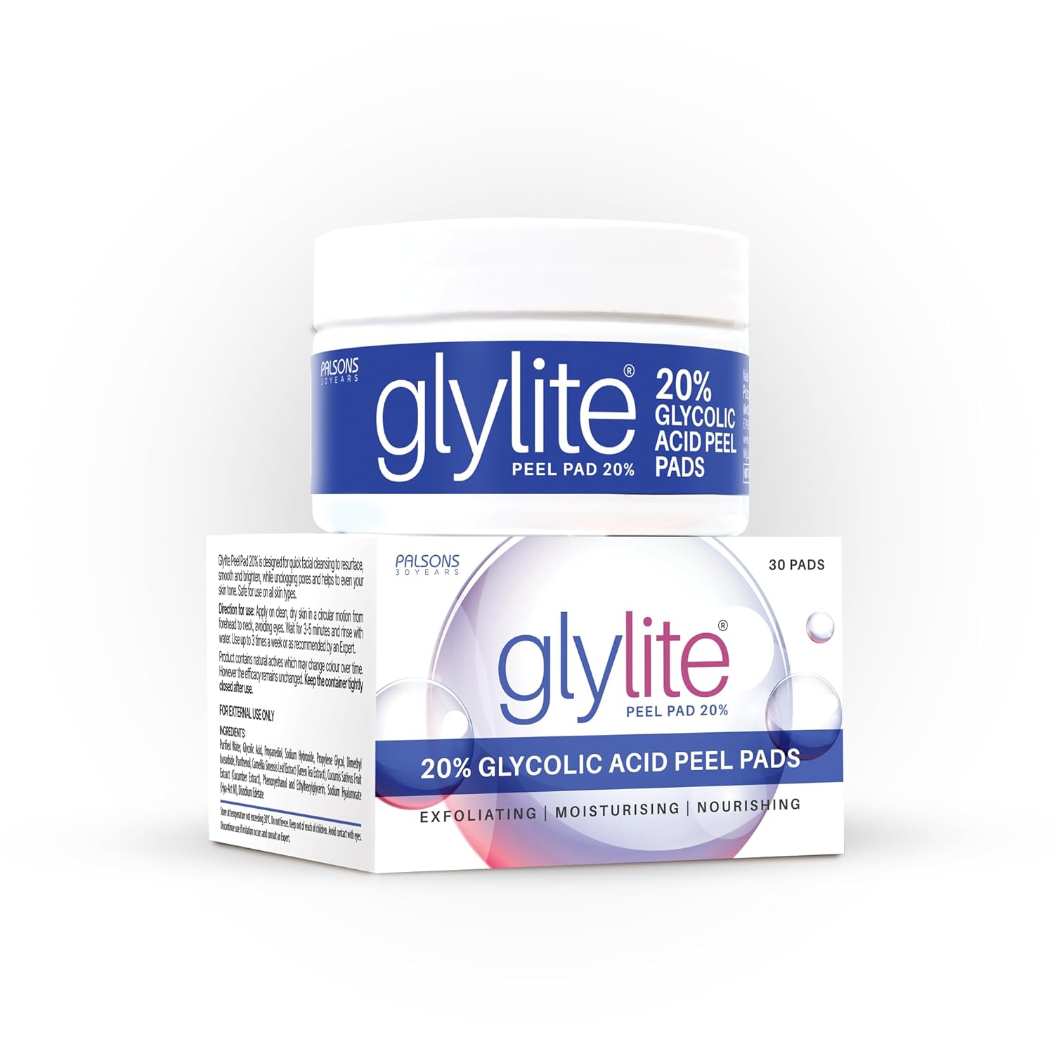 Glylite Peel Pad 20% (30 Pads) | 20% Glycolic Acid Peel Pads | Exfoliating | Moisturising | Nourishing | For Men & Women