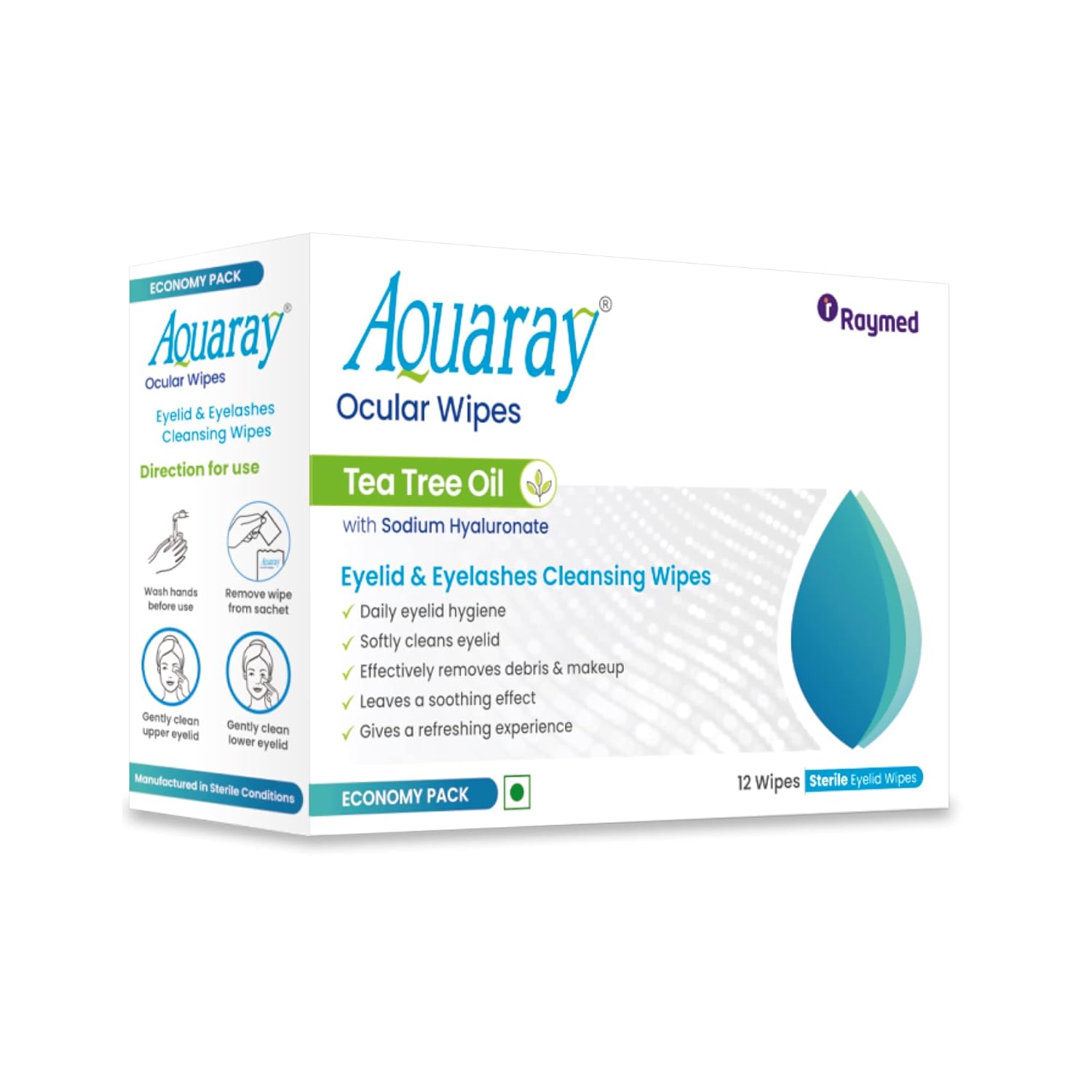 Aquaray Ocular Wipes with Tea Tree Oil and Sodium Hyaluronate | Eyelid and Eyelashes Cleansing Wipes | Sterile