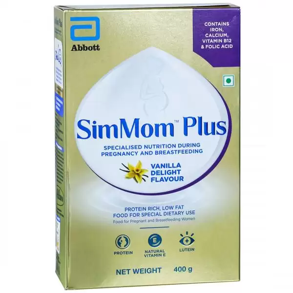 SimMom Plus with Vitamin E, Protein & Lutein | For Pregnant & Breastfeeding Women | Flavour Vanilla Delight Powder