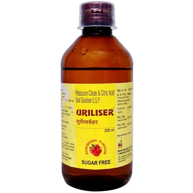 Uriliser Potassium Citrate & Citric Acid Oral Solution | Sugar-Free | Flavour Raspberry