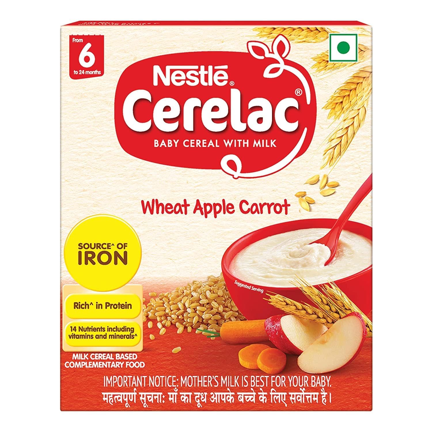 Nestle Cerelac Baby Cereal with Milk & Iron (from 6 to 24 Months) | Wheat Apple Carrot