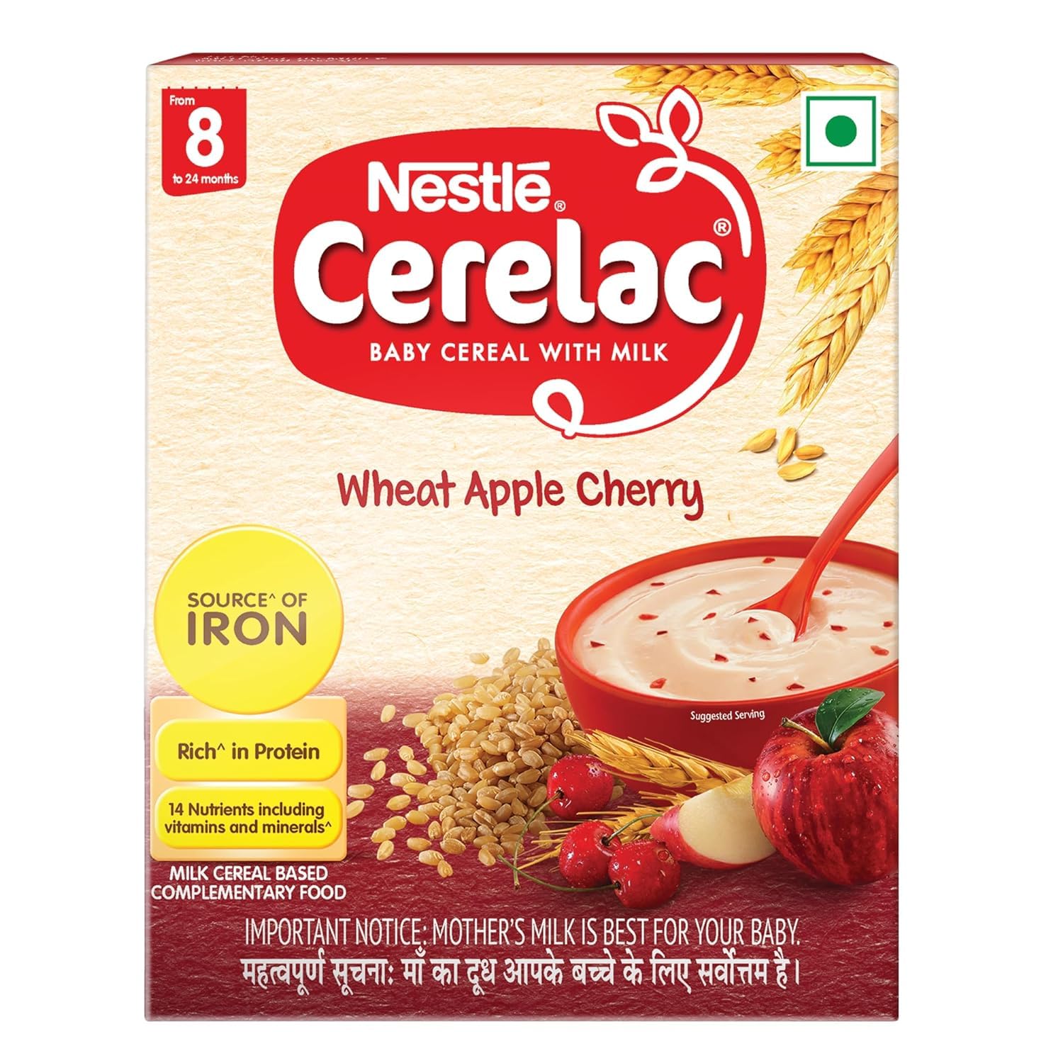 Nestle Cerelac Baby Cereal with Milk from 8 to 24 Months | Rich in Iron | Wheat Apple Cherry