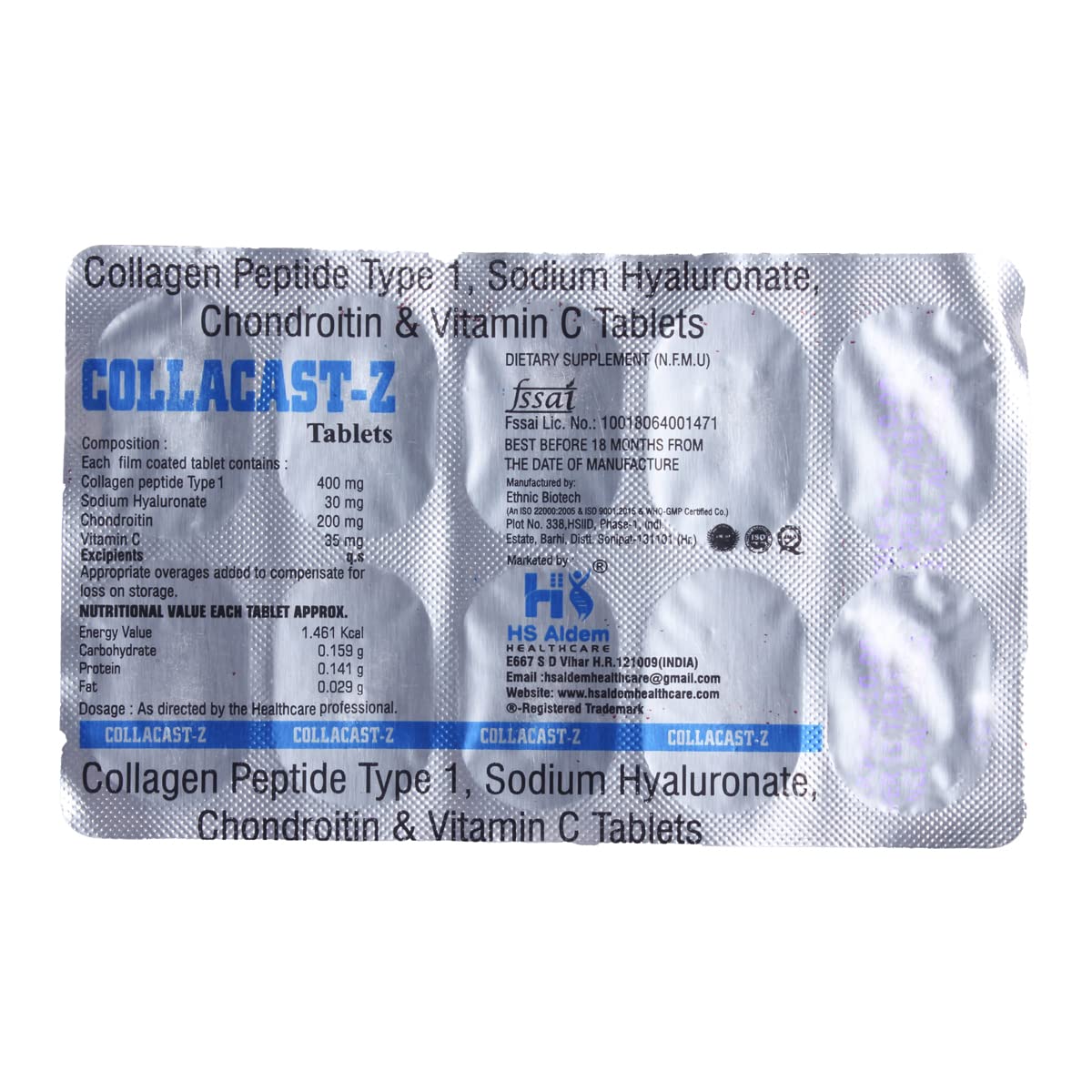 Collacast-Z Tablet with Collagen Type I, Sodium Hyaluronate, Chondroitin & Vitamin C