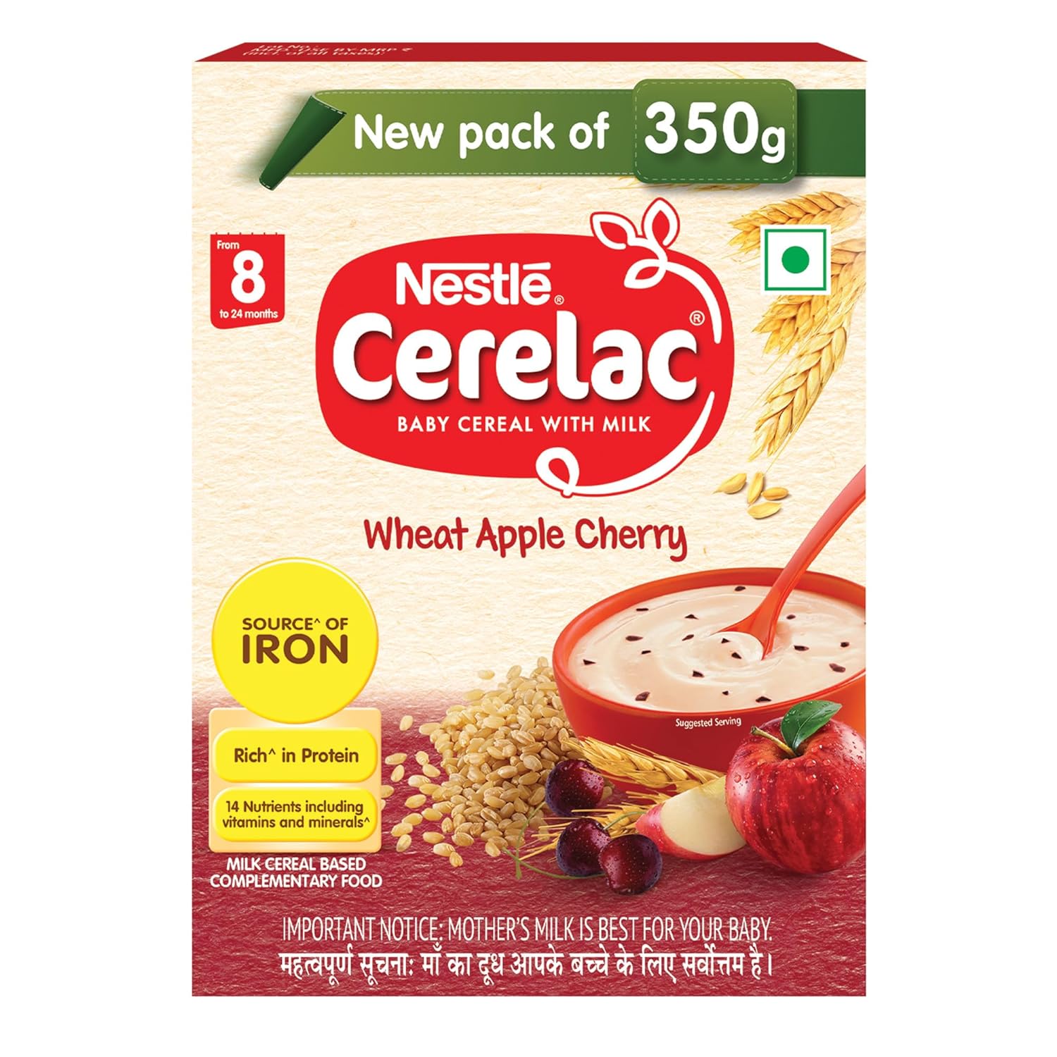 Nestle Cerelac Baby Cereal with Milk from 8 to 24 Months | Rich in Iron | Wheat Apple Cherry