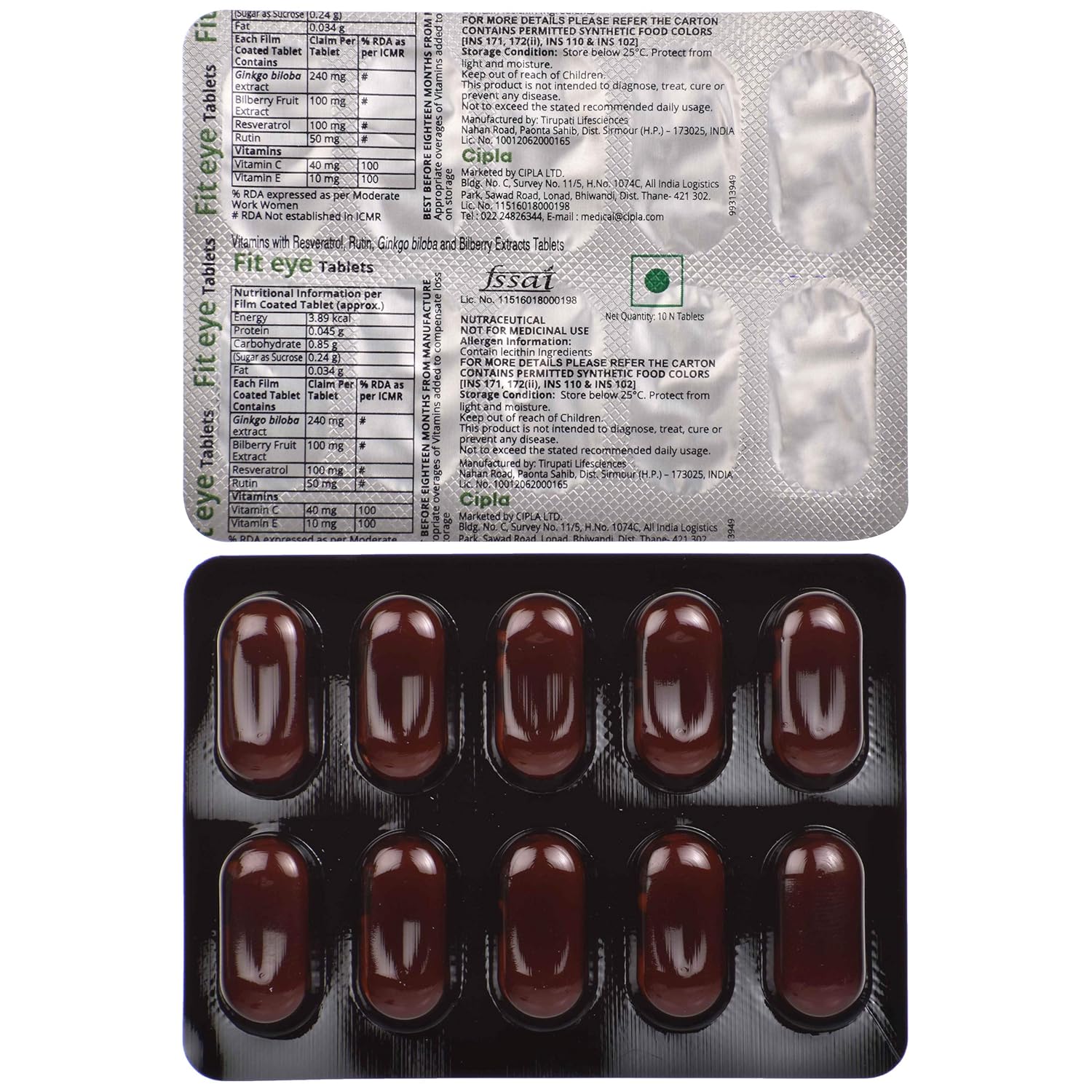 Fit Eye Tablet with Vitamins, Resveratrol, Rutin, Ginkgo Biloba & Bilberry Extracts