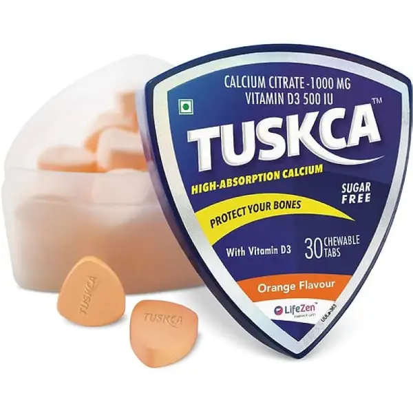 Tuskca Calcium with Vitamin D3 (500 IU) | Sugar Free | Flavour Orange Chewable Tablet