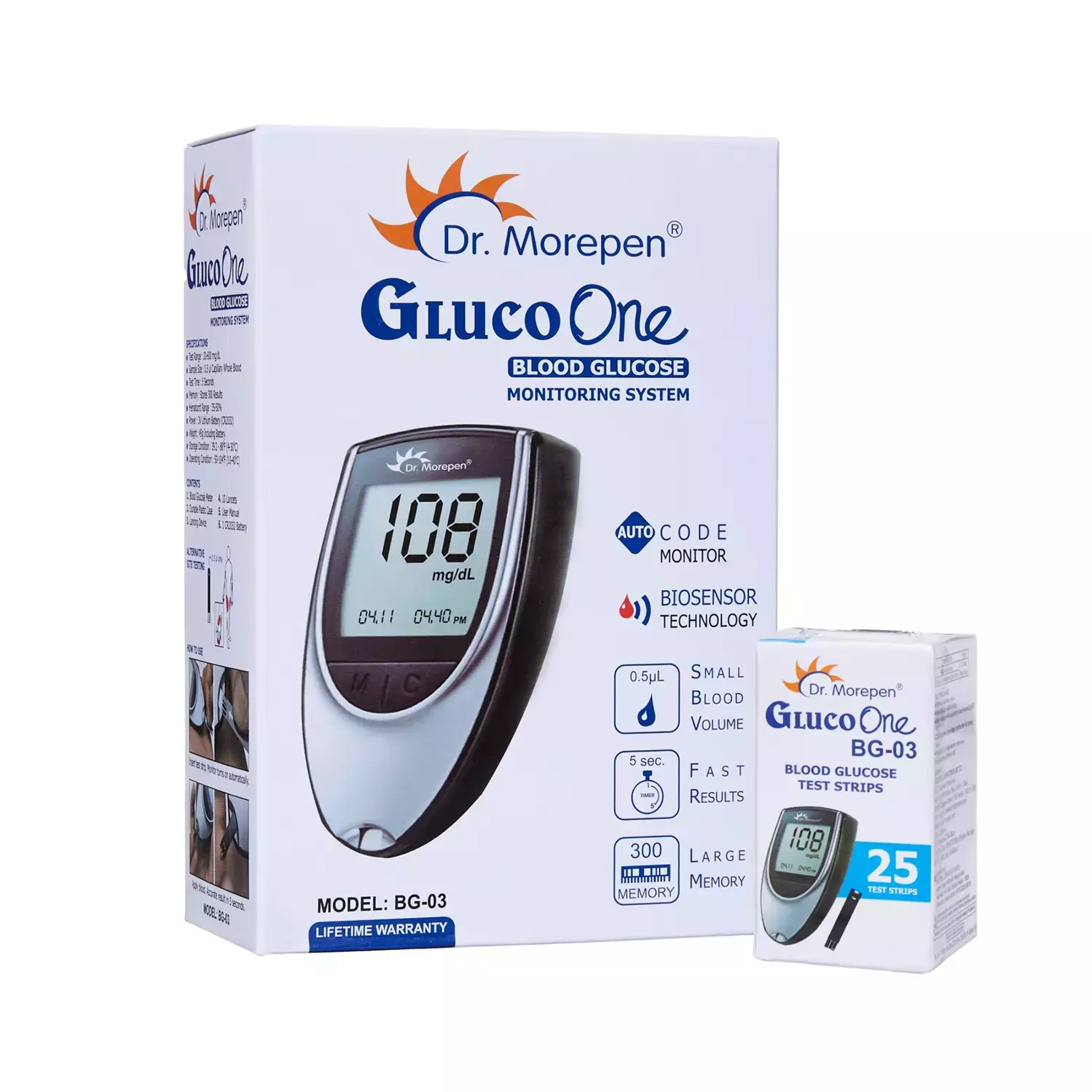 Dr Morepen BG 03 Gluco One Glucose Monitoring System Glucometer with Gluco One BG 03 Blood Glucose 25 Test Strip