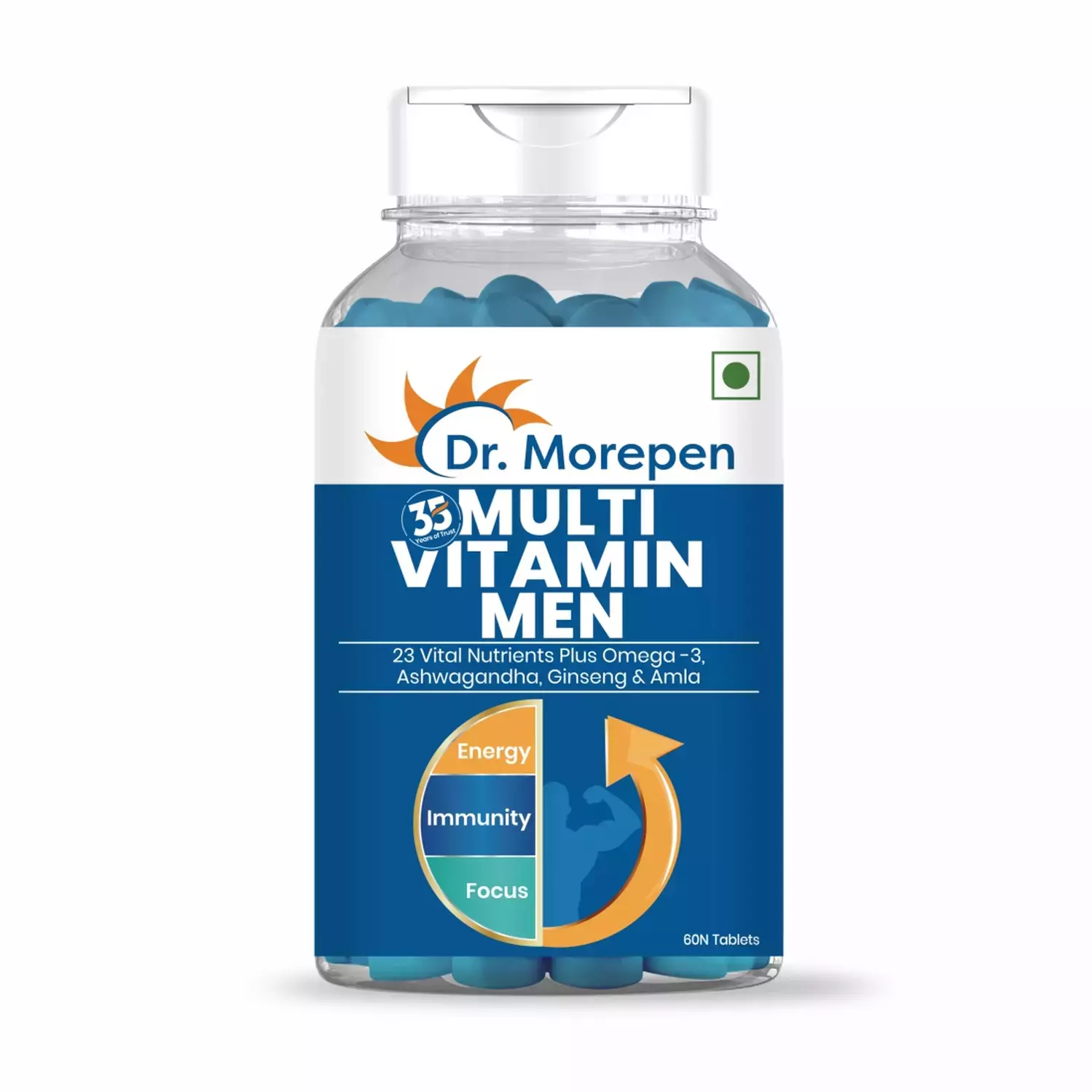 Dr. Morepen Multi Vitamin for Men | With Omega 3, Ashwagandha, Ginseng & Amla for Energy, Immunity & Focus | Tablet