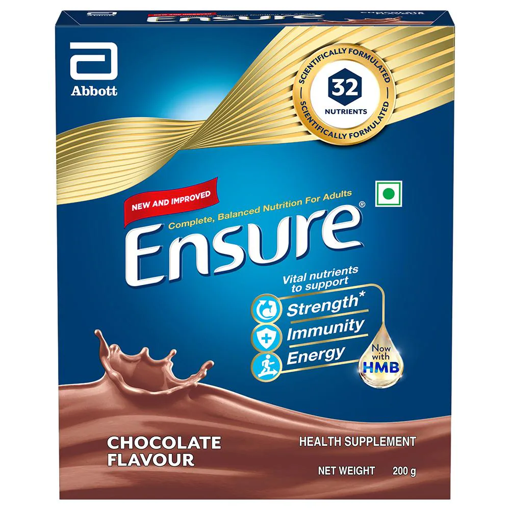 Ensure Powder Complete Balanced Drink for Adults | For Strength, Immunity & Energy | With Essential Vitamins | Nutrition Formula Chocolate 200gm