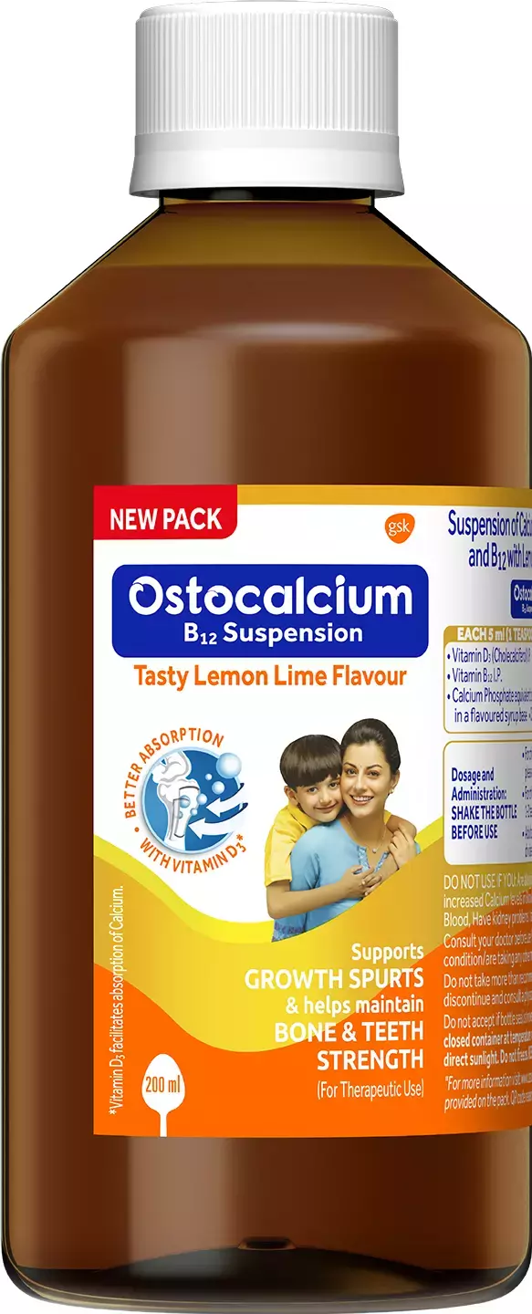 Ostocalcium B12 with Vitamin D3 | For Bones & Teeth Strength | Flavour Banana Syrup